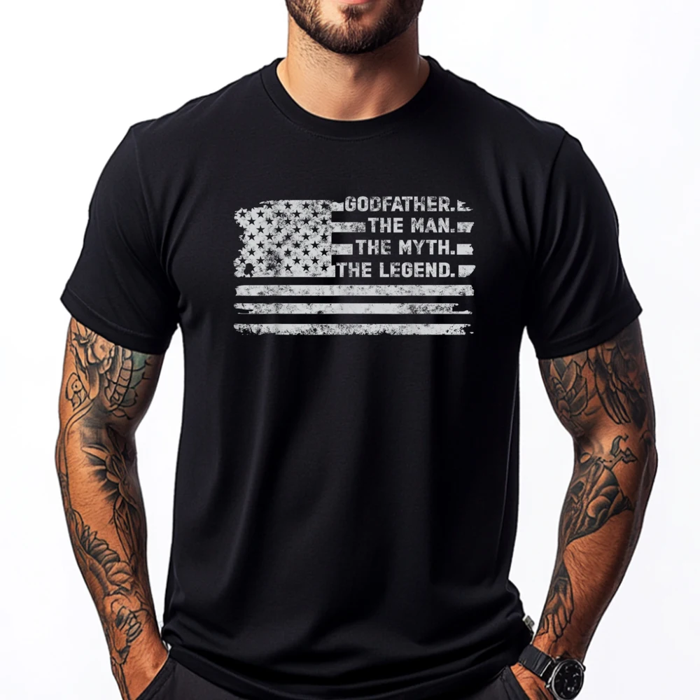 

Godfather The Man Myth Legend Fathers Day American Flag T Shirt Men 100℅ Cotton Meme Tshirt Graphic Short Sleeve