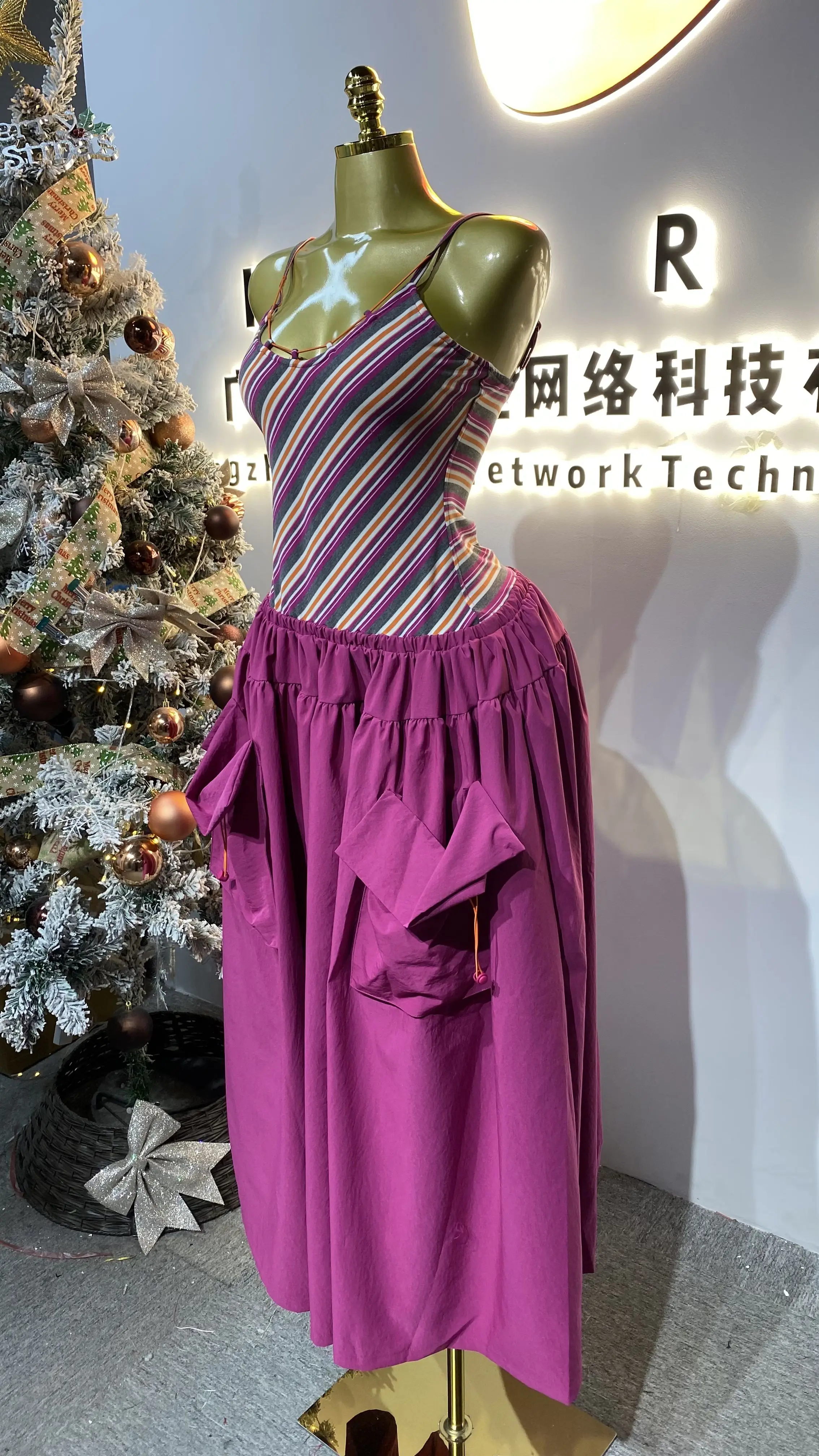 Striped patchwork design summer dress, women's high-waisted thin strap elegant casual women's pocket dress-GZXX702
