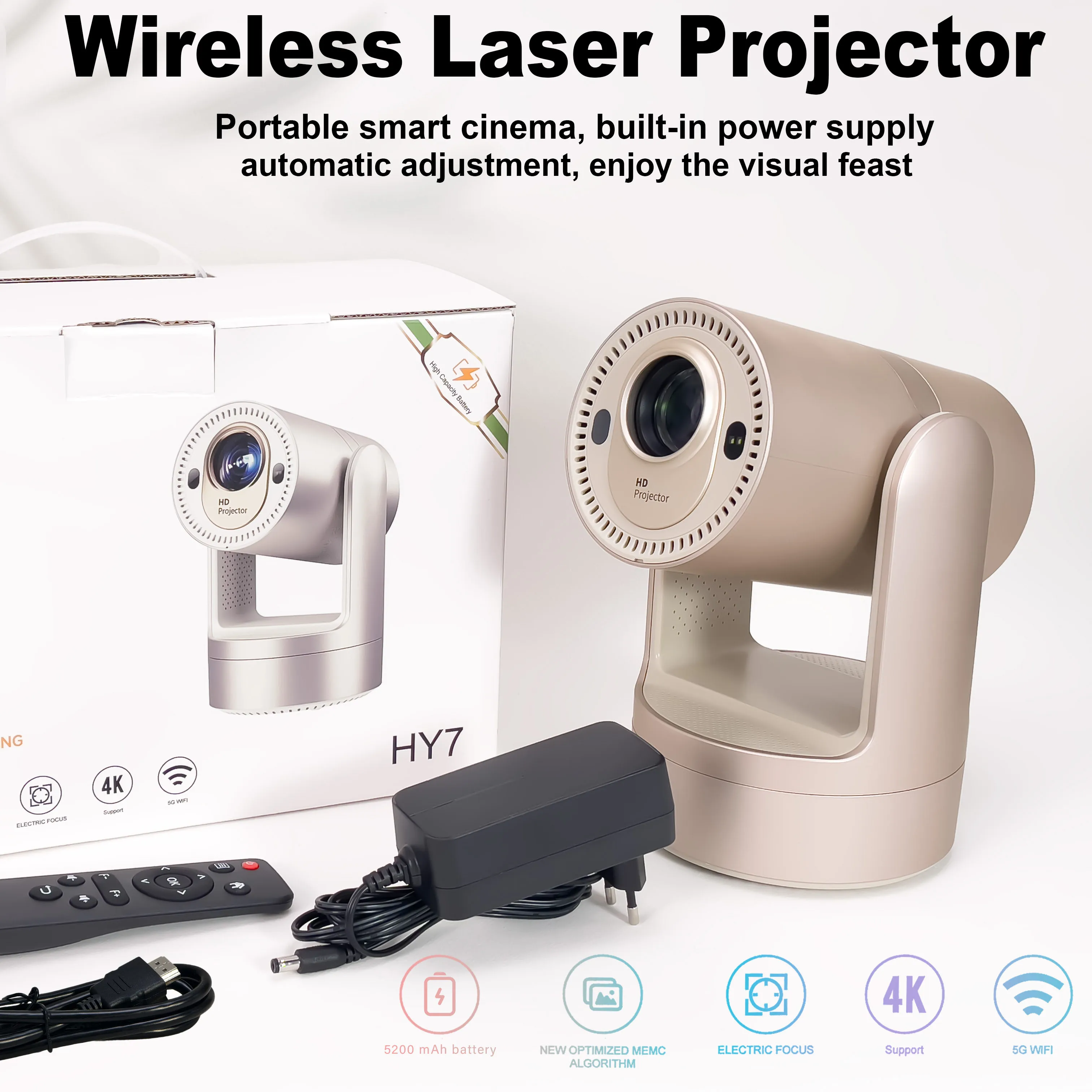 New HY7 Mini Projector Smart Home Theater Wifi6 BT 5.0 Android 12 4k Ultra HD 180 Rotation Mobile Projection Game Projection