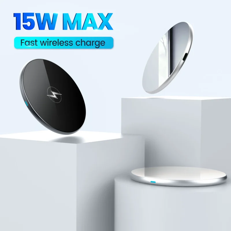 15W Fast Wireless Charger For iPhone 16 15 14 13 Samsung Galaxy S24 S23 S22 Round Metal Glass Mirror Wireless Charging Station