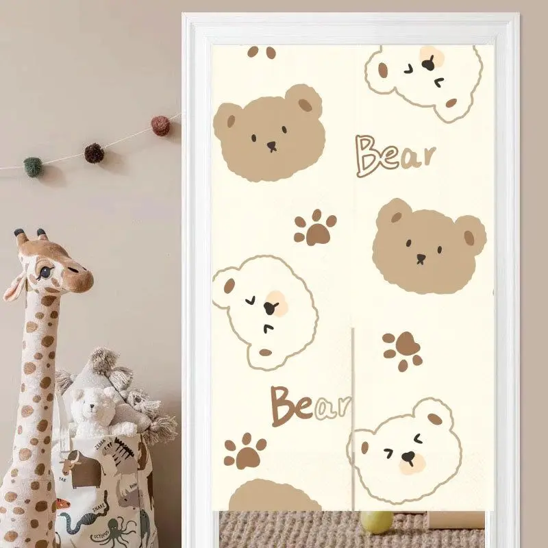 VIKAMA Cream Colored Cartoon Bear Japanese Half Door Curtain, Cute Bear Paw Print Privacy Divider, Kawaii Home Decor