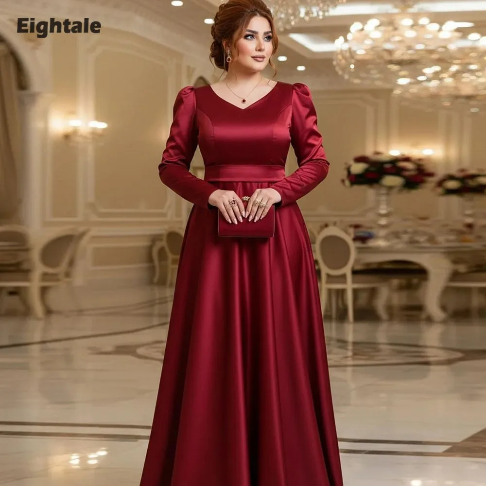 

Eightale Red Evening Dress V-Neck Customized A-Line Long Sleeves Satin Plus Size Prom Wedding Party Gown Vestidos De Gala