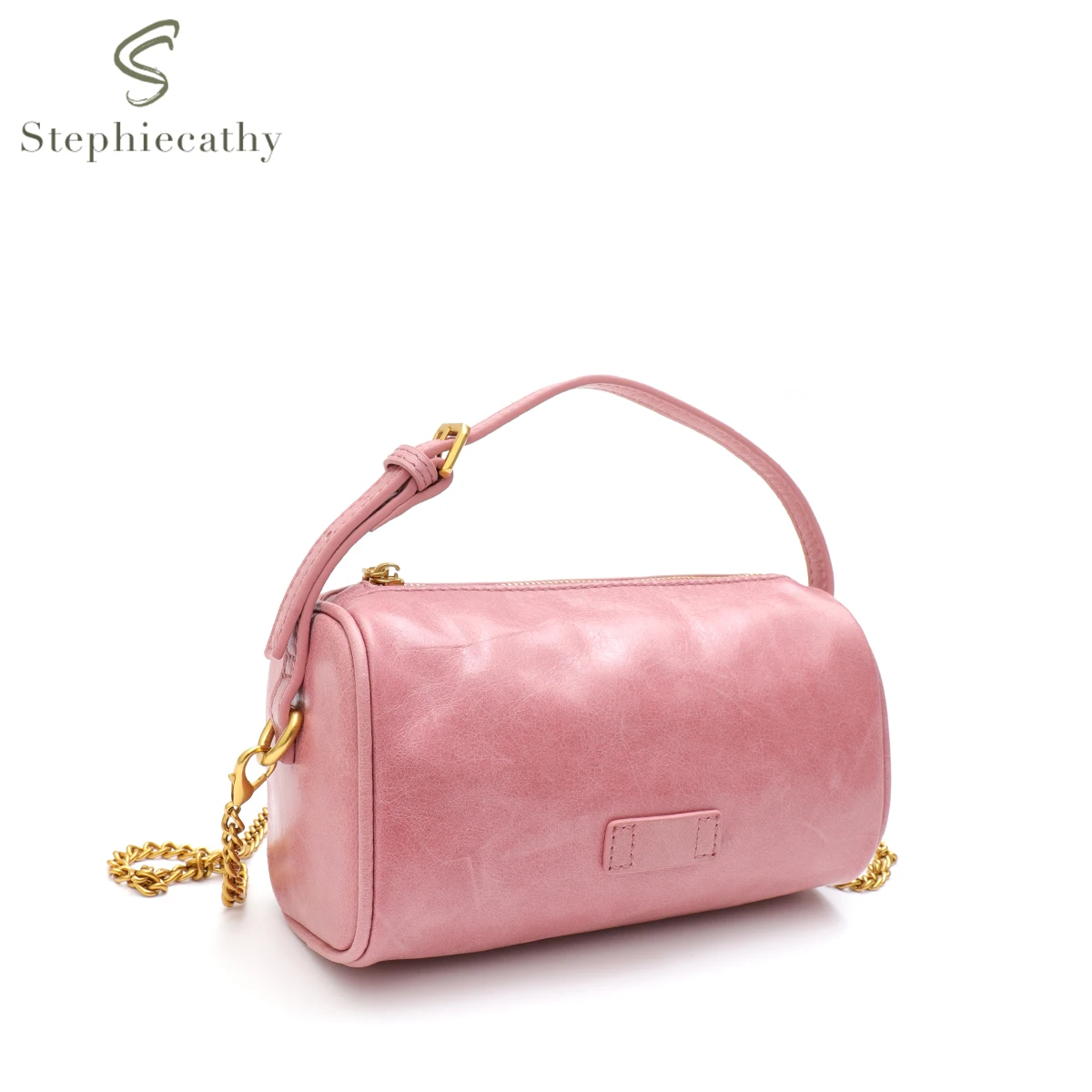 SC Brand Designer Women Real Oil Waxed Leather Top-handle Bag Fashion Small Barrel Shaped Bucket Handbag  Long Chain Cross body