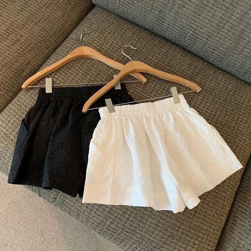 Women's Casual Wide Leg Shorts Vintage Black White Jacquard Shorts Female Korean Chic Elastic High Waist Streetwear Short Pants