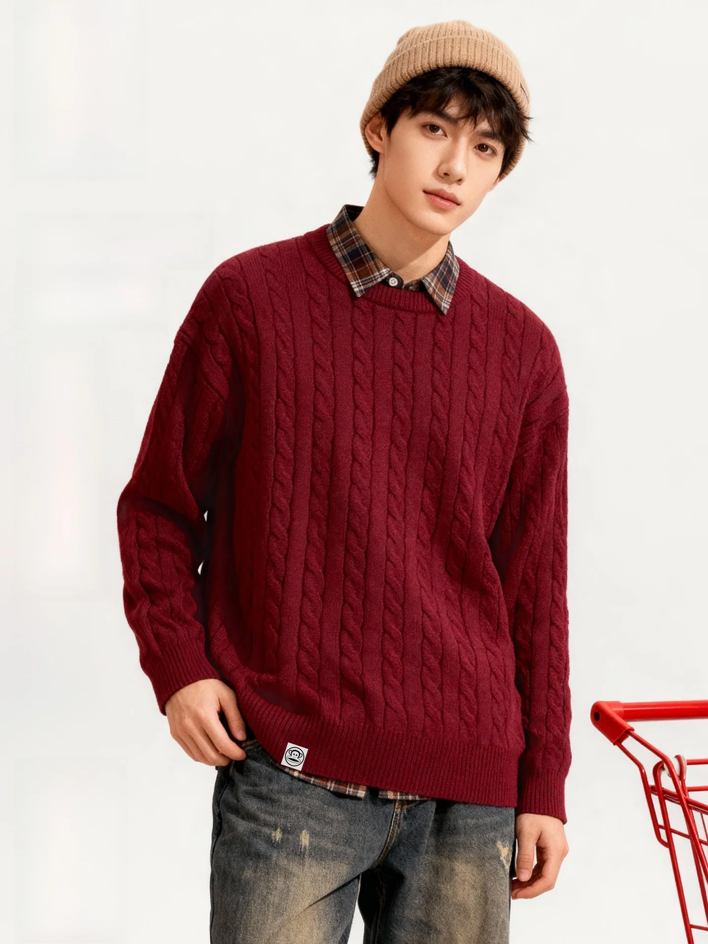 

Monkey Knitted Sweater Men's Faion Autumn Winter round Ne Sweater Twist Flower Design Luy Year Red Sweater