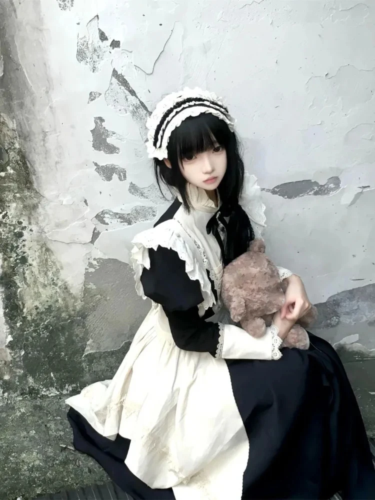 Y2k Zware Gothic Lolita Lange Mouw Jurk Voor Vrouwen 2023 Nieuwe Onregelmatige Meid Schort Twee Stukken Sets Dark Academia kleding