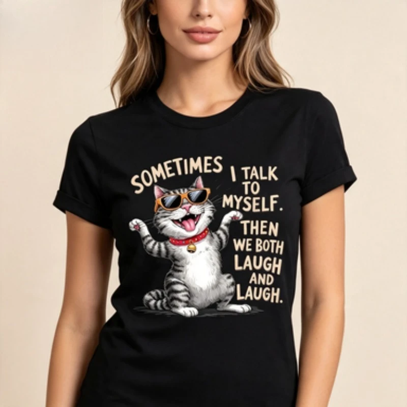 Women Short Sleeve T Shirt Adorable Tabby Cat Graphic Tops, Funny Humor Quote Casual Tees For Cat Lover Animal Enthusiast Daily