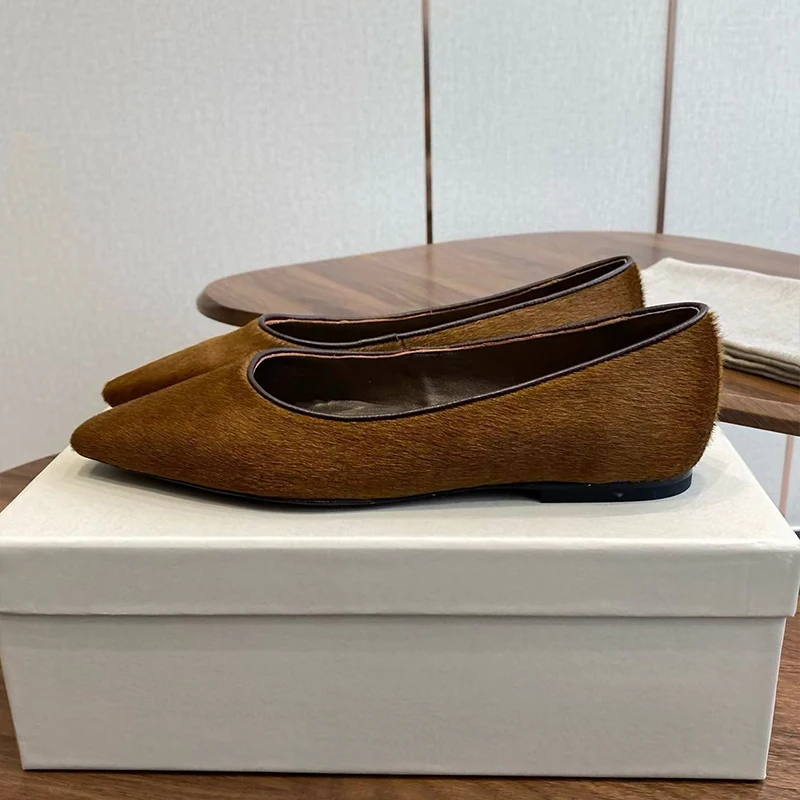 Square Toe Flat Bottom Ballet Shoes Women Horaehair Shallow Mouth Versatile Mary Jane Shoes Spring Autumn Fashion Single Shoe