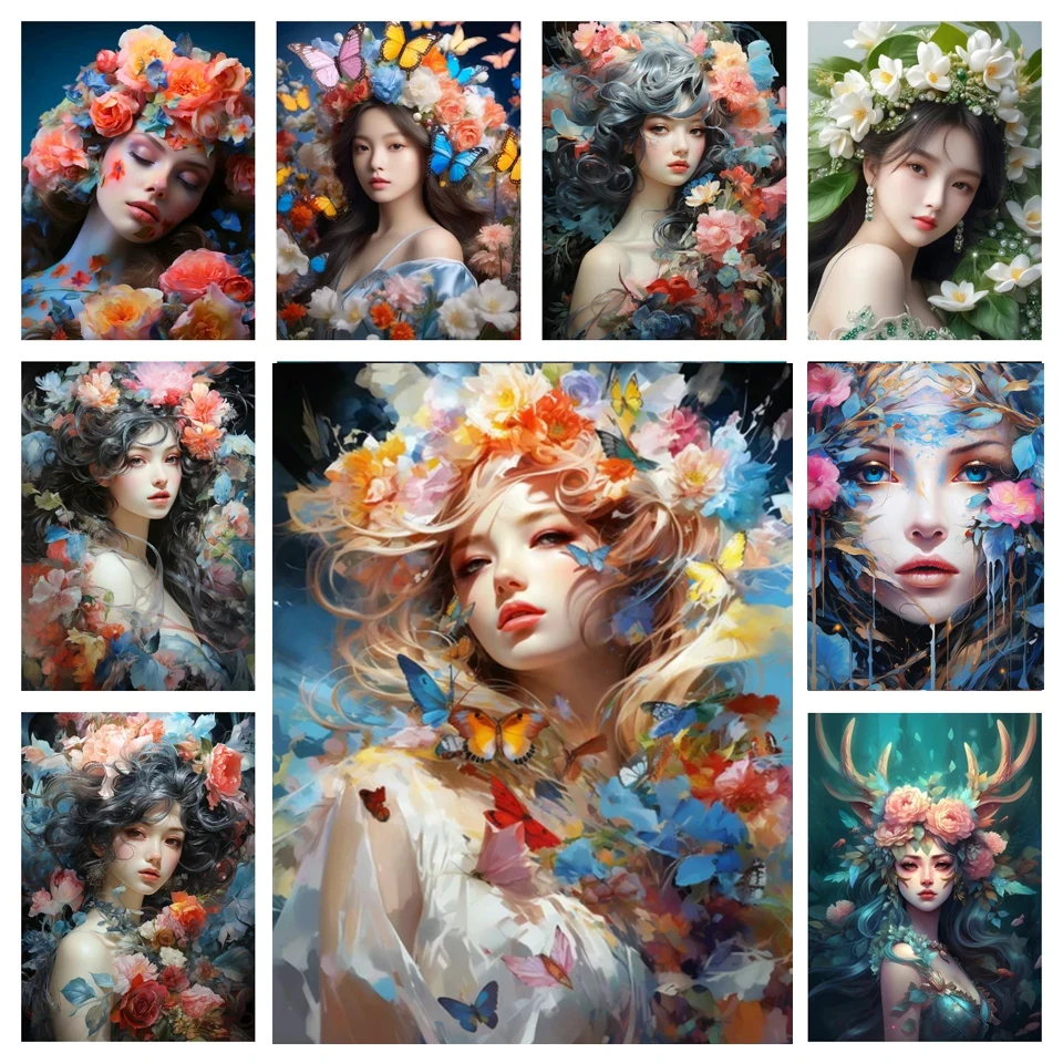 5D Diamond Painting Portrait of Women Full Rhinestone Butterfly Flower Fairy Embroidery Mosaic Cross Stitch Manual Arts W210