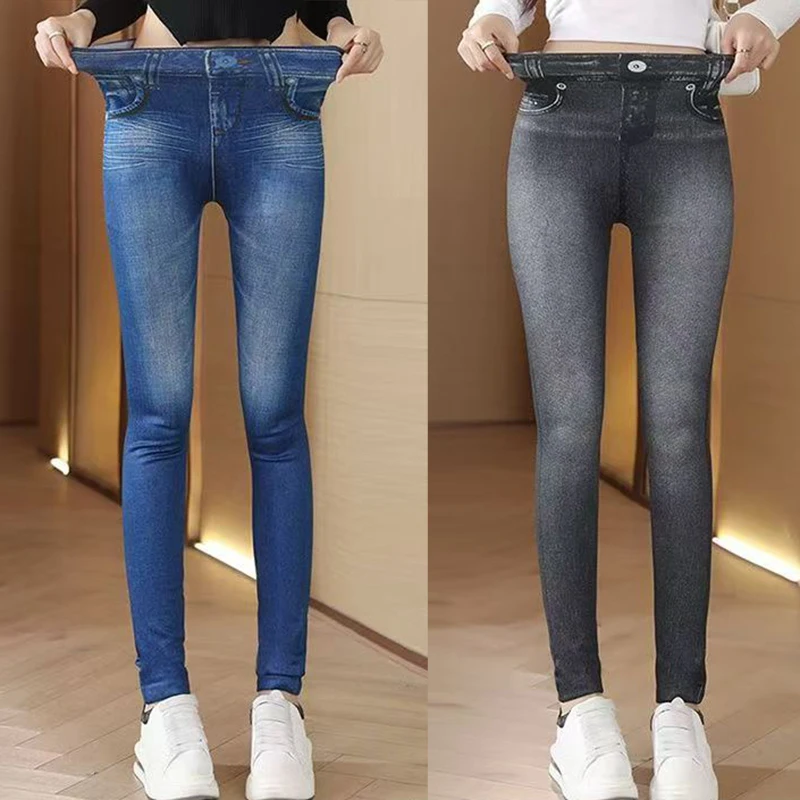 One-peice Elastic Imitation Denim Sports Gymnasium Pencil Pant Casual For Women's Clothes Leggings Dye Vintage All-match Fashion