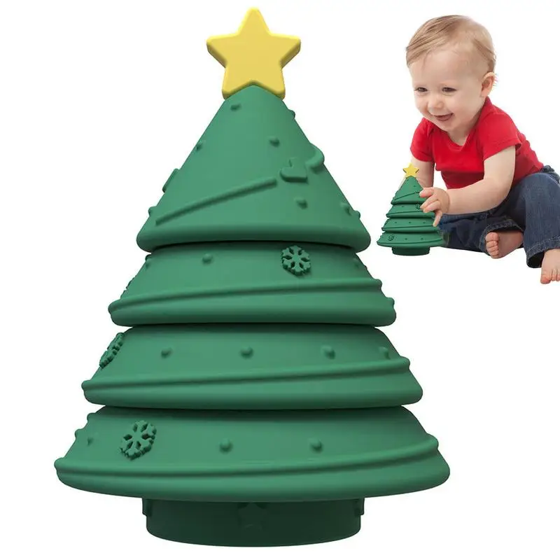 Juguetes de bloques de construcción de silicona para Navidad, juguetes apilables de árbol de Navidad, desarrollo de apilamiento suave, silicona Montessori