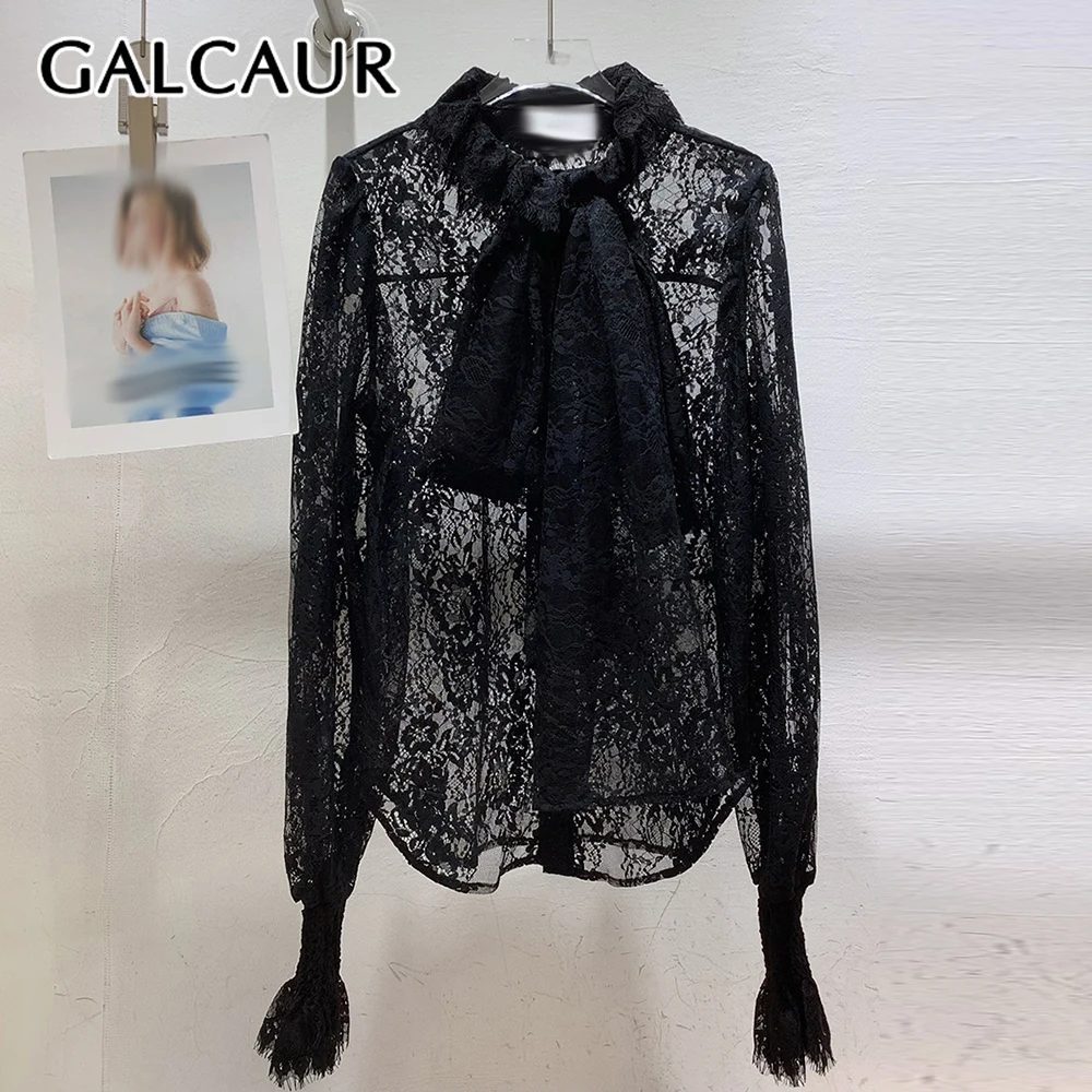 

GALCAUR Solid Spliced Lace Elegant Shirt Female O Neck Long Sleeve Patchwork Lace Up Casual Women's Shirts Autumn Fashion New