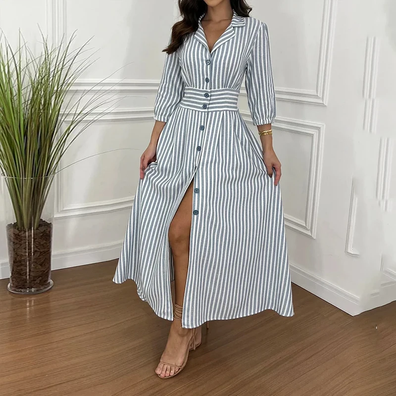 

Ellafads Women Maxi Dress Summer Casual Office Lapel Striped Print Shirt Long Sleeve Pleated Button Nipped Waist Slit Maxi Dress