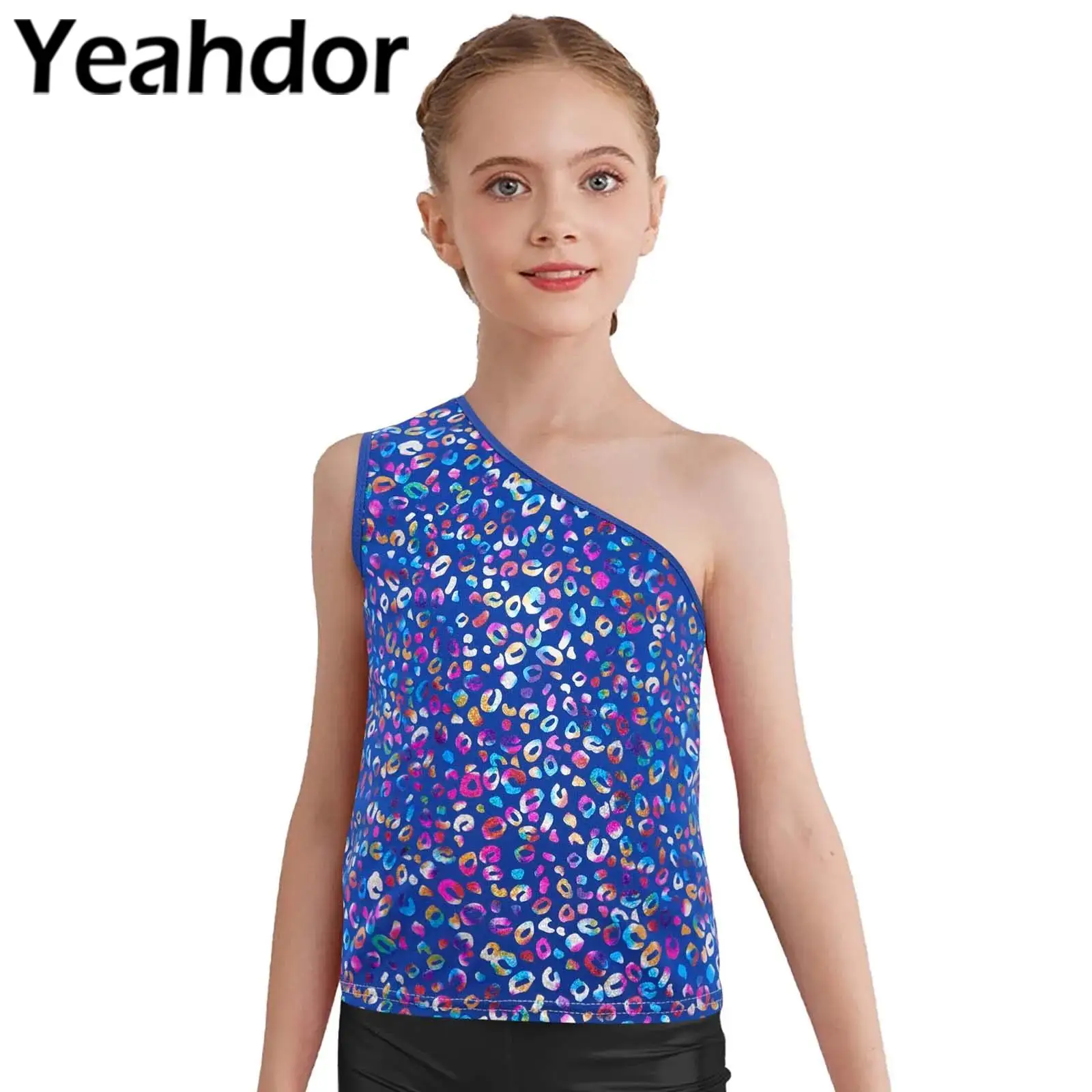 

Kids Girls Metallic Leopard Latin Jazz Dance Vest One Shoulder Sleeveless Tank Top for Cheerleading Stage Performance Costume