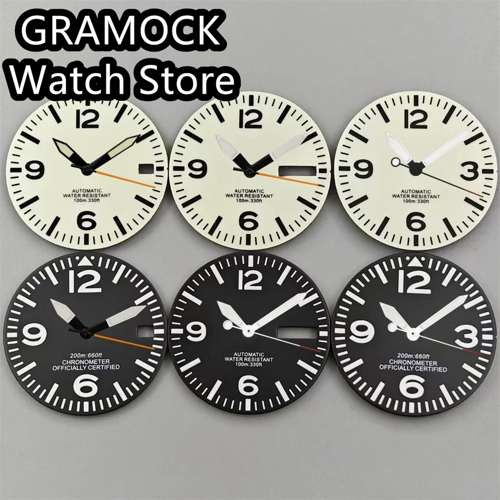 GRAMOCK 29mm Pilot Dial With Hands Set Full Luminous Dial for NH35 NH36 Movement C3 Super Green Luminous Watch parts