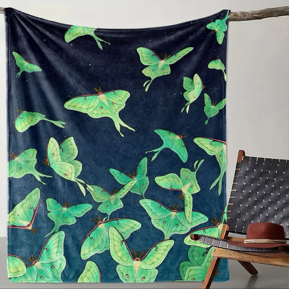 Elegant Butterfly Moth Pattern Throw Blanket Navy Blue Night Sky Aesthetic Cozy Couch Sofa Decor Gift