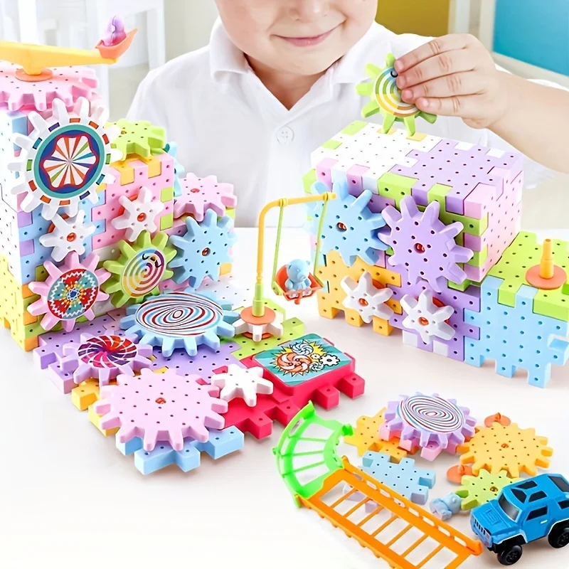 Kids Electric Gear Building Toy Set Motorized Spinning Gears Set Gear Rail Car Big Building Blocks STEM Construction Toy Set