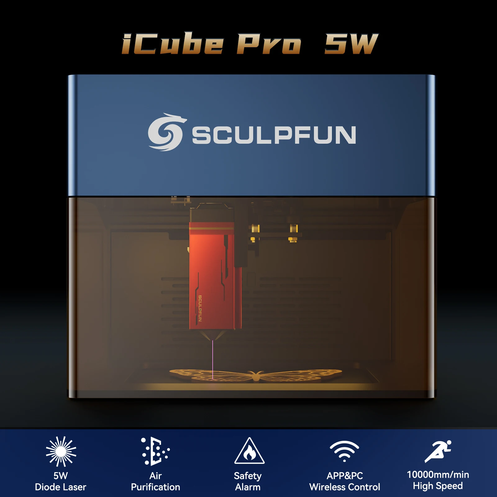 Sculpfun iCube Pro 5W Laser Engraver Portable Laser Engraving Machine with Smoke Filter Temperature Alarm Ultra Fine 0.06mm Lase