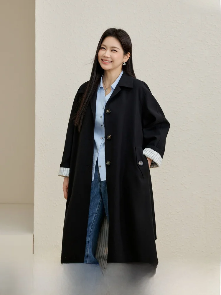 

Fuli Large Size Women's Windbreaker Coat with Waist Cinching Inner Stripe Pattern Korean Sle Long Sve Regular Fit