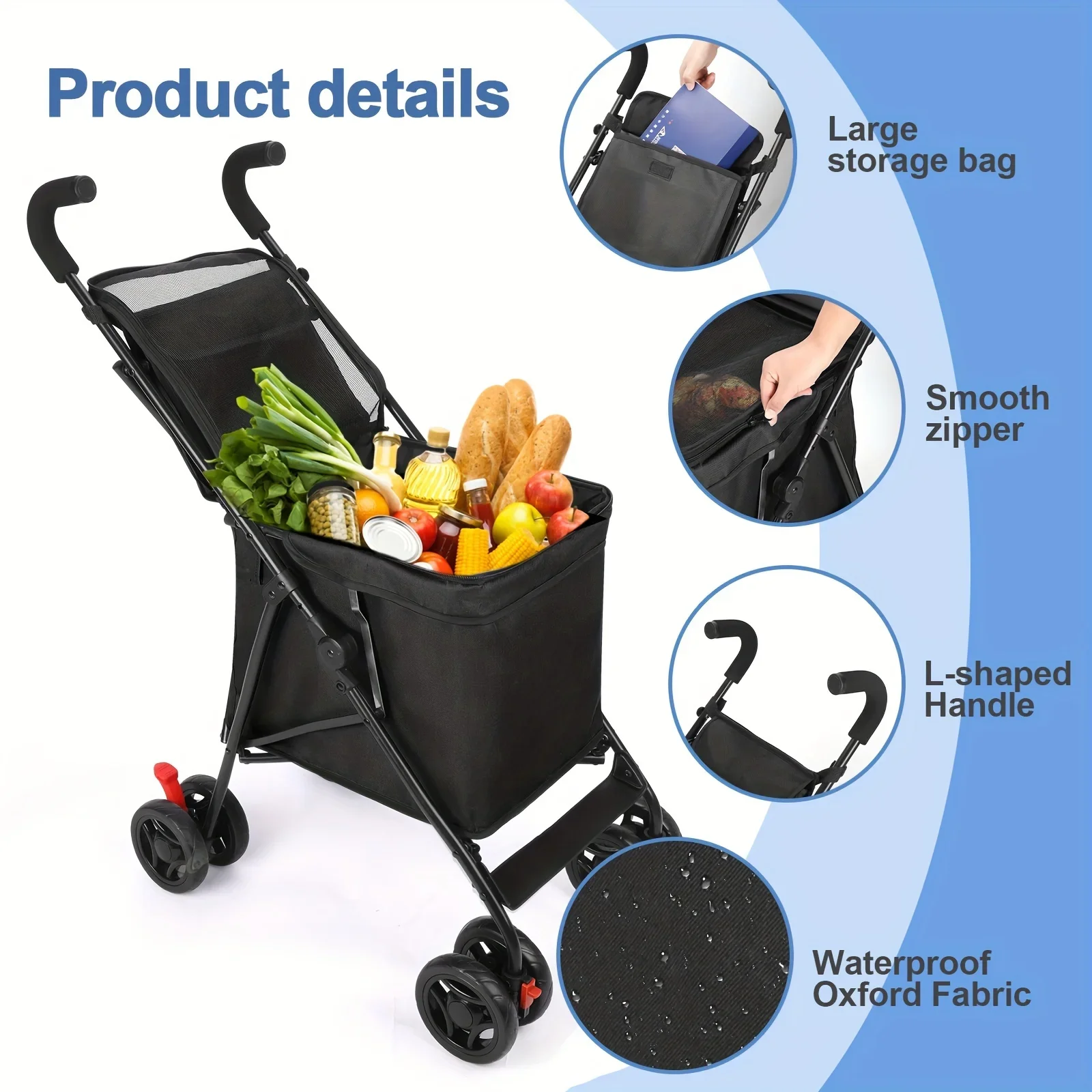 Folding Shopping Cart with 360° Swivel Wheel Brake 60 Lbs Capacity Lightweight Pet Strolling Cart for Express/puppy/cat/shopping