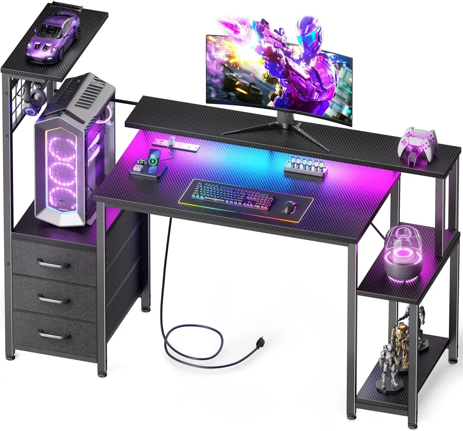 48 Inch Gaming Desk with LED Lights & Power Outlets,Computer Desk with Fabric Drawers & Side Hook