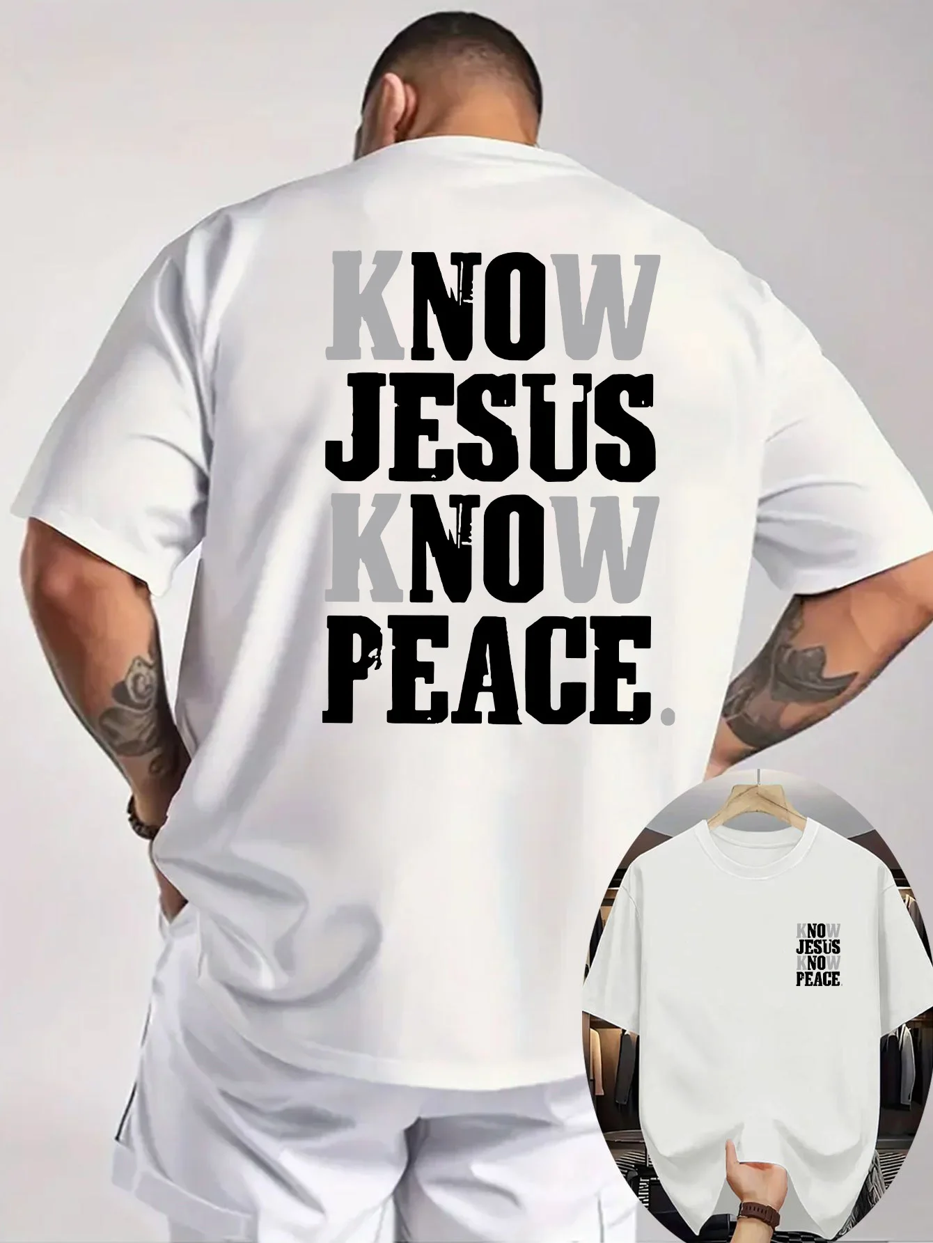 T-Shirt mit Aufdruck „Know Jesus Know Peace“ auf der Rückseite für Herren, aus 100 % Baumwolle, perfekt für den Sommer-Streetwear-Stil
