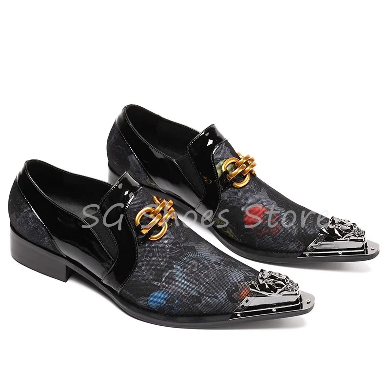 

Punk Style Metal Chain Decor Mixed Color Loafers for Men Metal Pointed Toe Splicing Leather Shoes Male Leisure Derby Shoes