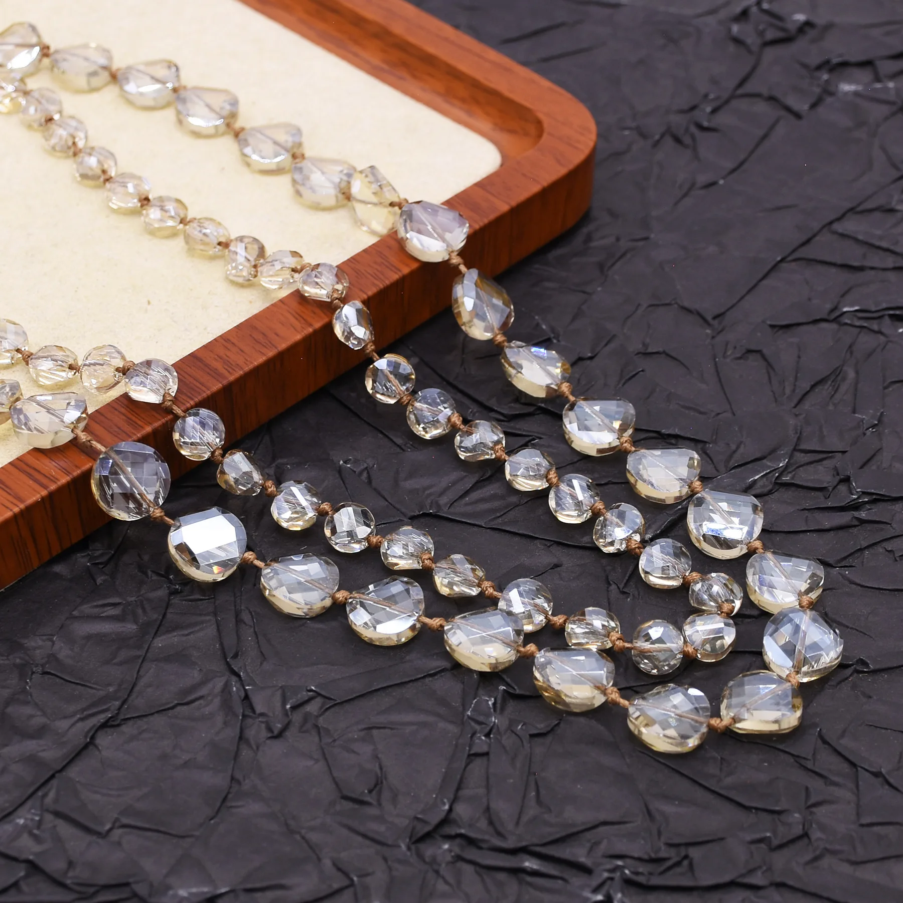 Trendy Double Layered Irregular Crystal Beaded Necklace for Women Hand Knotted Clear Crystal Bead Long Sweater Layering Jewelry