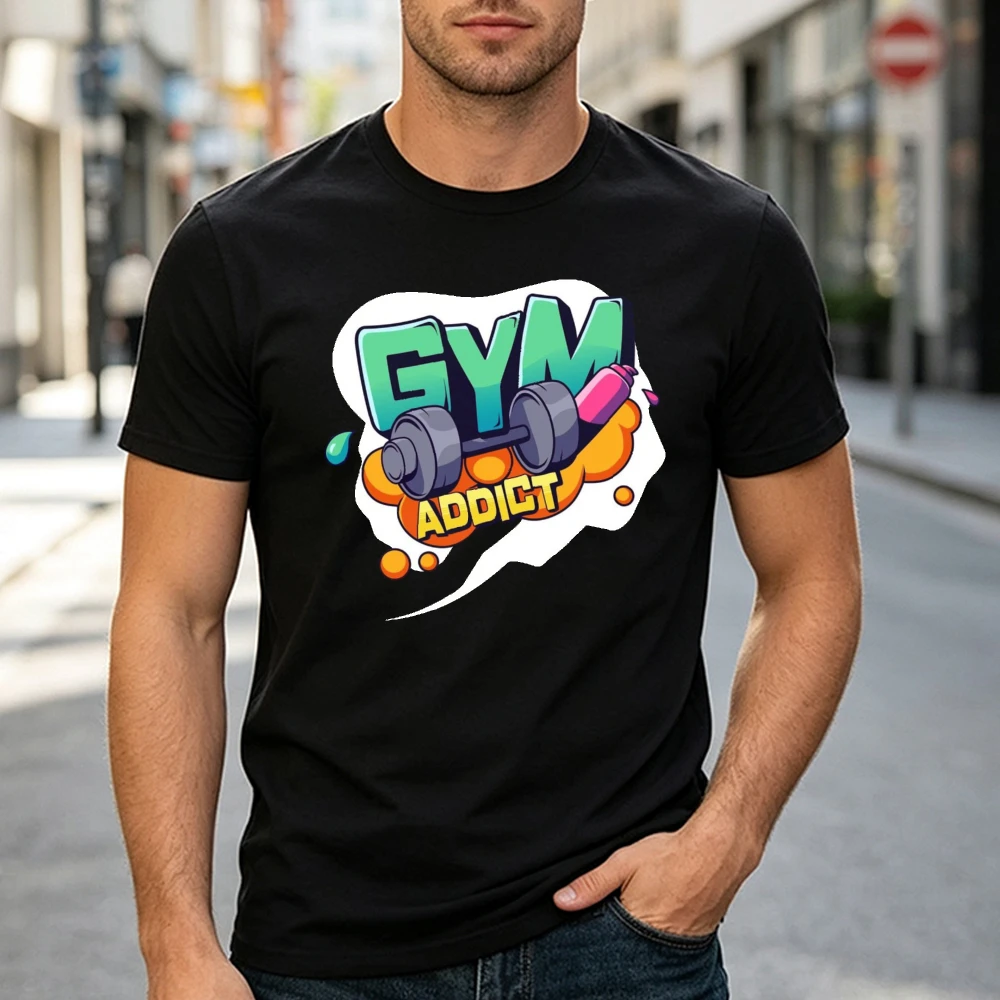 Gym Addict Dumbbell Graphic Men T-shirt Fitness Bodybuilding Cartoon Print Casual Short Sleeve Tee Workout Sports Shirt