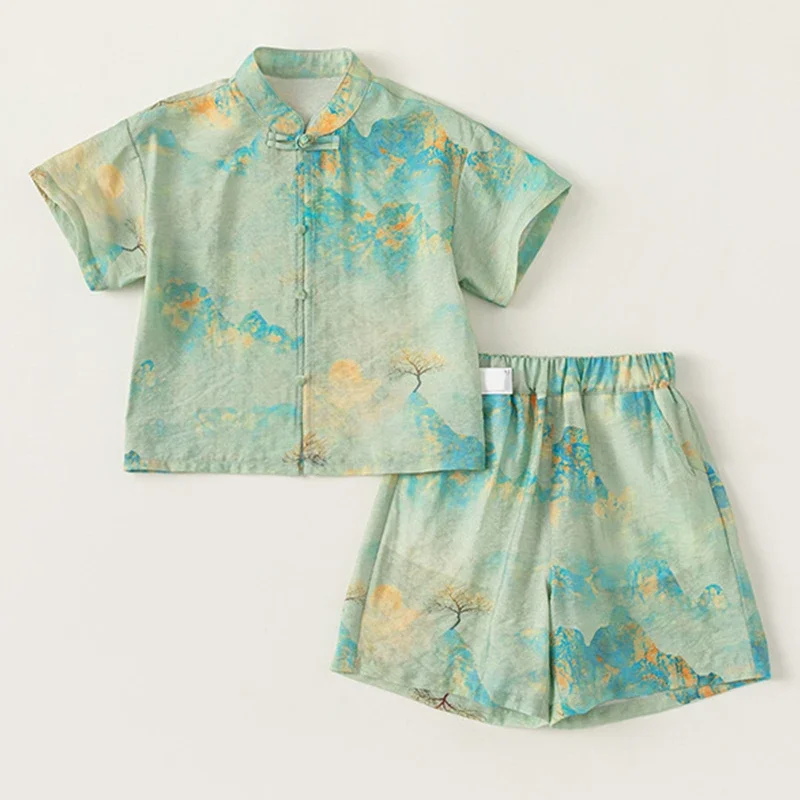 

Summer Baby Boy Clothes Fashion Chinese Style Print Short Sleeve Cotton Tops+Shorts Boutique Kids Clothing Children Sets BC258