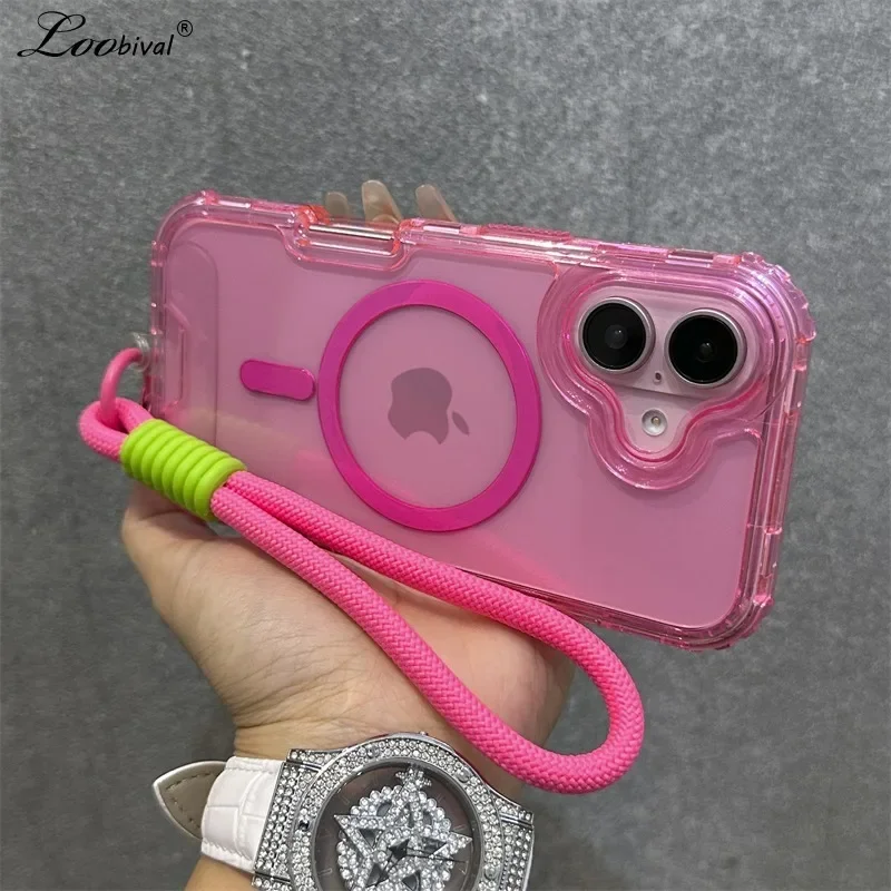 for Magsafe Transparent Wrist Strap Case for iPhone 16 15 14 Pro Max Plus 12 13 11 Lanyard Armor Hard Airbag Shockproof Cover