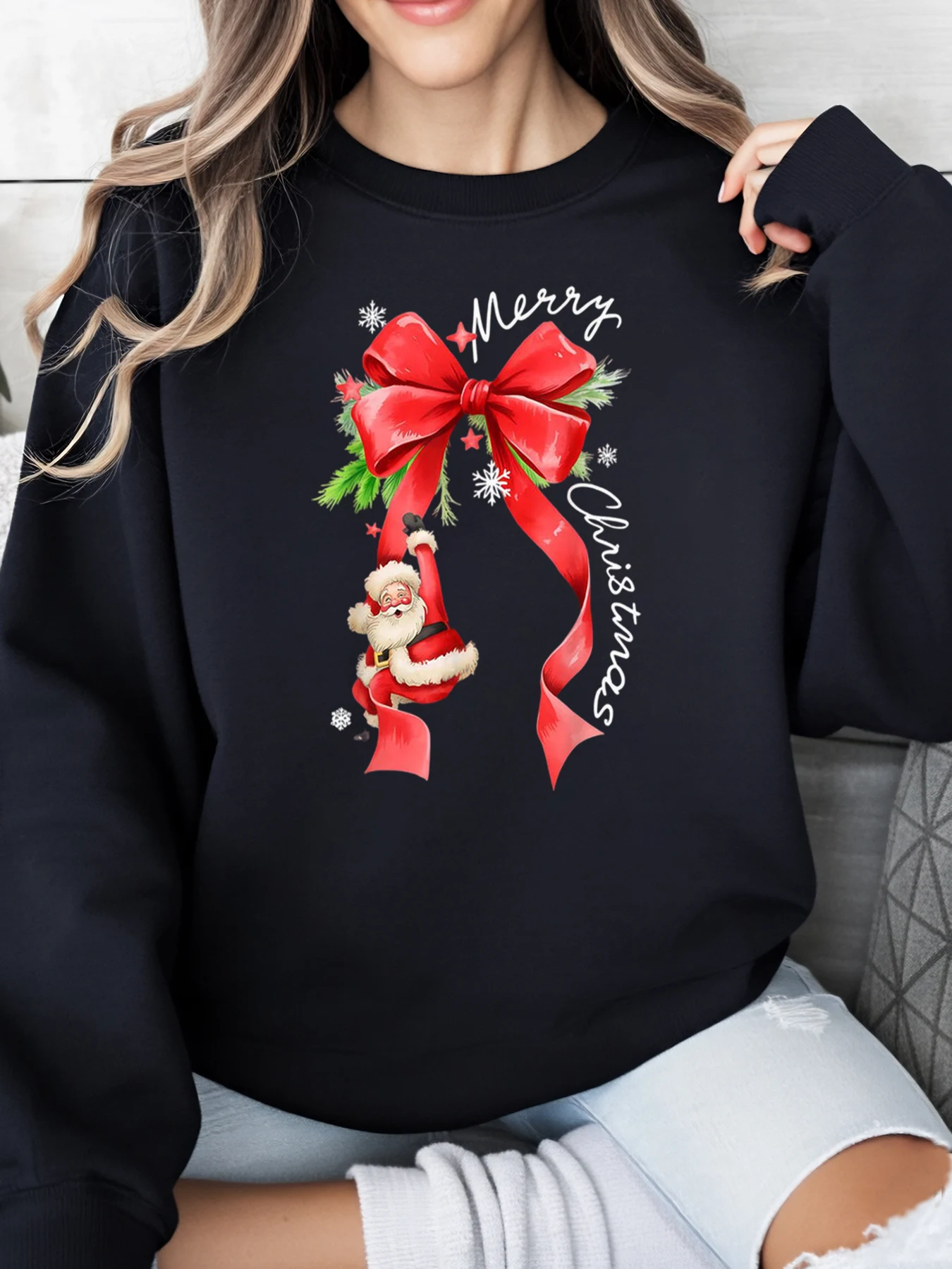 

Санта-Клаус с красным бантом и рождественским принтом, женская праздничная повседневная одежда, черный, больших размеров