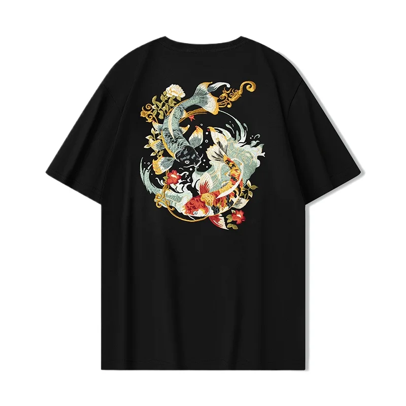 Summer Embroidery T Shirt Men Fashion Vintage T Shirt Women Hip Hop Tees Cotton Short Sleeve Chinese Koi Carp Loose Tops Couple