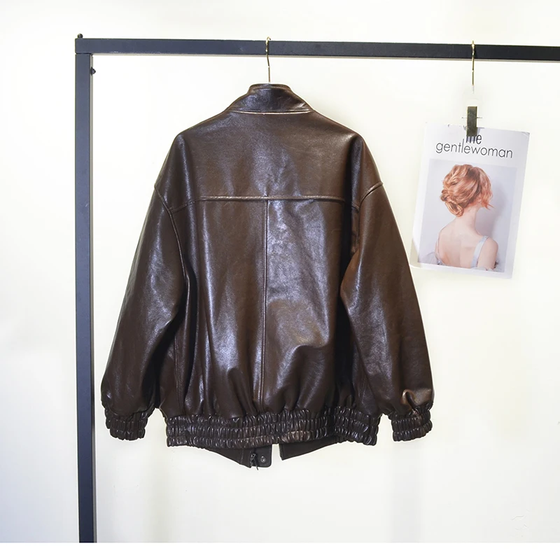Vintage echte leren jas herfst winter vrouwelijke plantaardig gelooide schapenvacht korte bovenkleding oversize vriendje stijl bomberjack