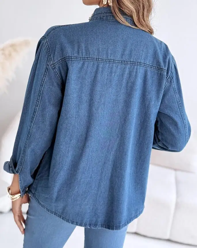 Pearls & Rhinestone Decor Turn-Down Collar Button Front Denim Shirt Casual Top