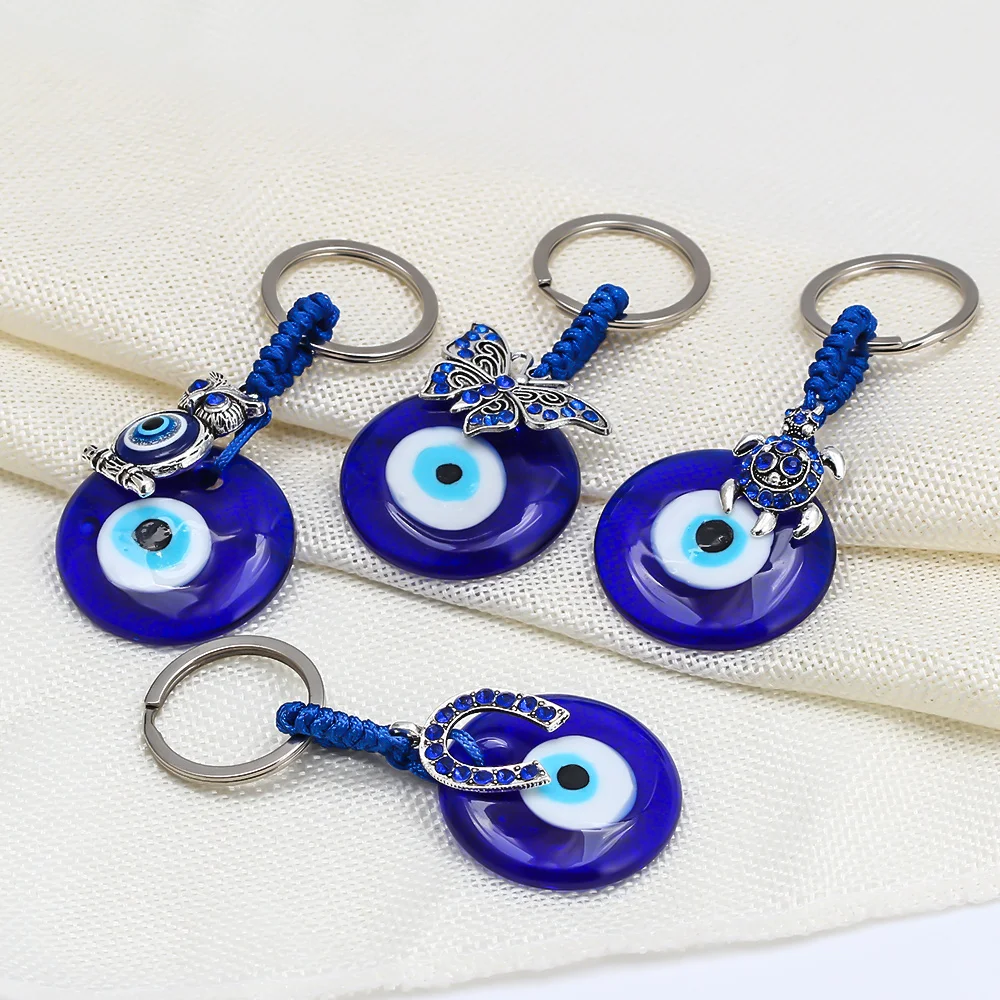 Lucky Eye Alloy Fatima Hand Elephant Owl Tree of Life Keychain Blue Turkish Evil Eye Key Chain Car Keyring for Women Men Jewelry