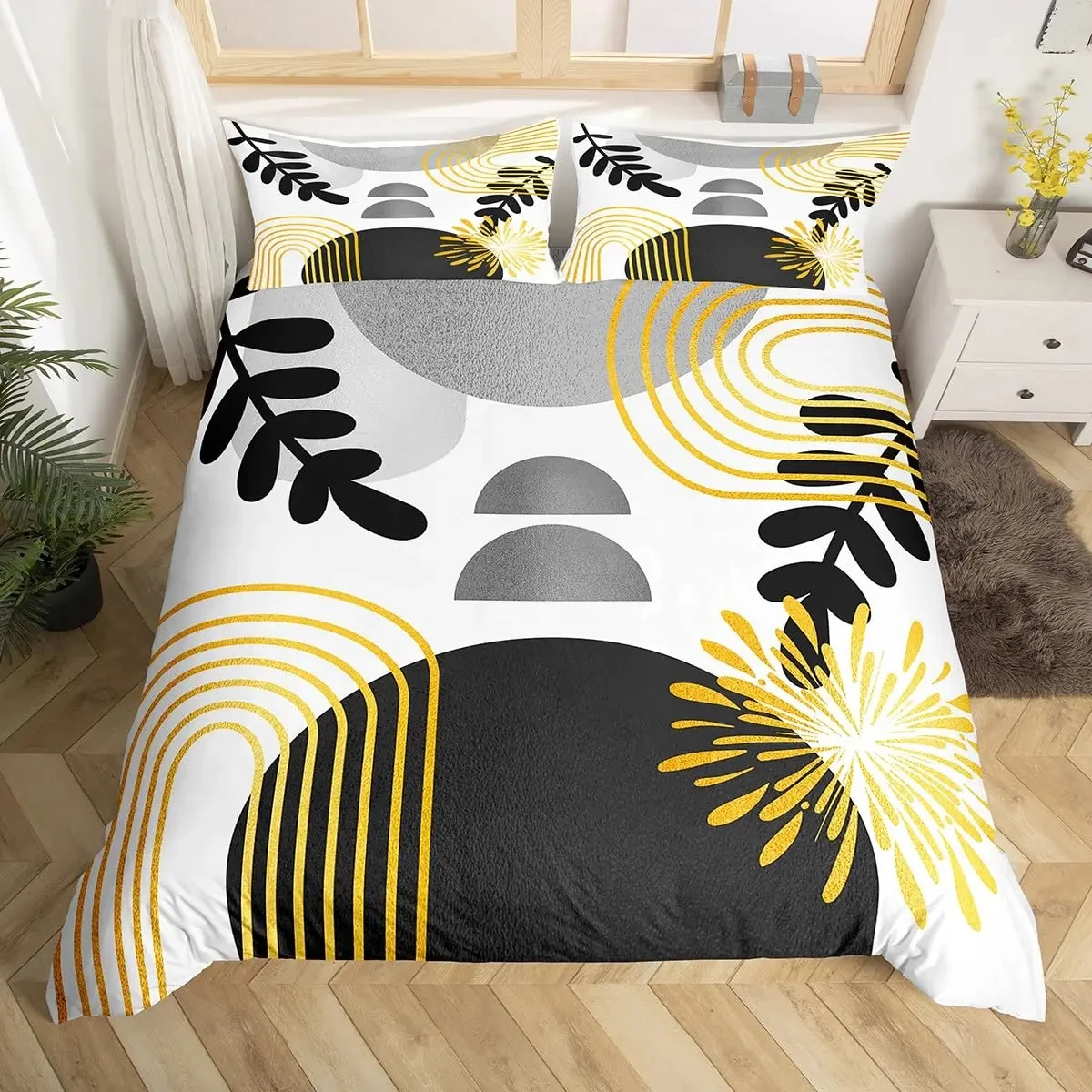 Boho Mid Century Duvet Cover Abstract Geometric Comforter Cover,Modern Minimalist Queen Bedding Sets,Geometry Line Art Bed Set