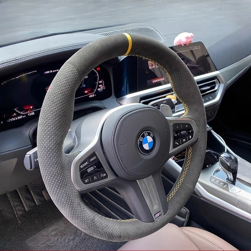 Hand Stitched Non-Slip Yellow Line Suede Car Steering Wheel Cover For BMW M Sport G30 G31 G32 G20 G21 G15 X3 G01 X4 G02 X5