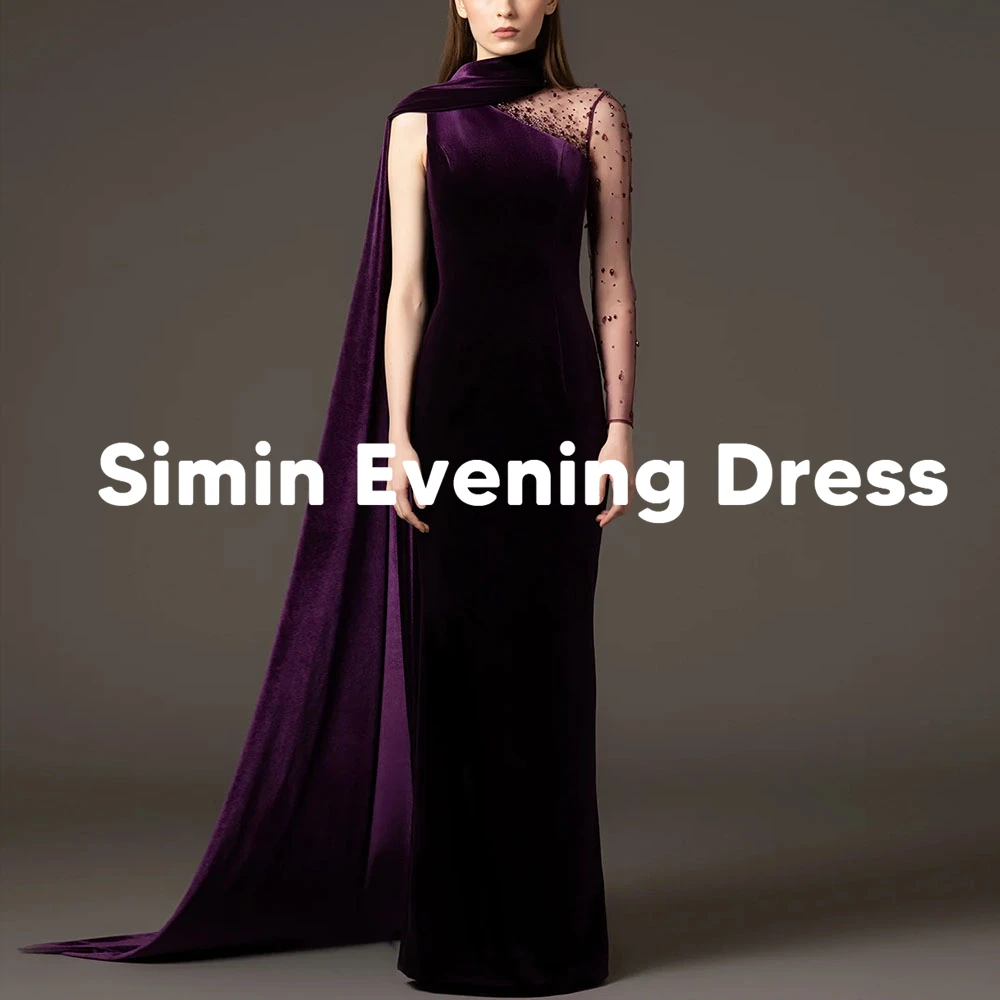 Simin Women's Straight Velour Beaded One-shoulder Saudi Evening Dresses Long Sleeves With Floor-Length Elegant Dresses 2025