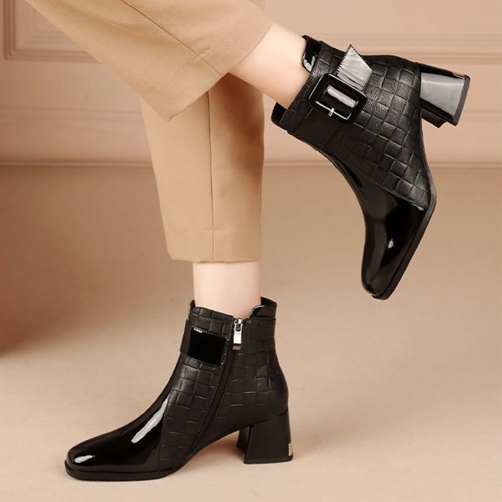 Damskie buty za kostkę Grube obcasy Platforma Krótkie buty Jesień Nowe Damskie Pu Leather Shoes Retro Buckle Work Shoes Botas De Mujer