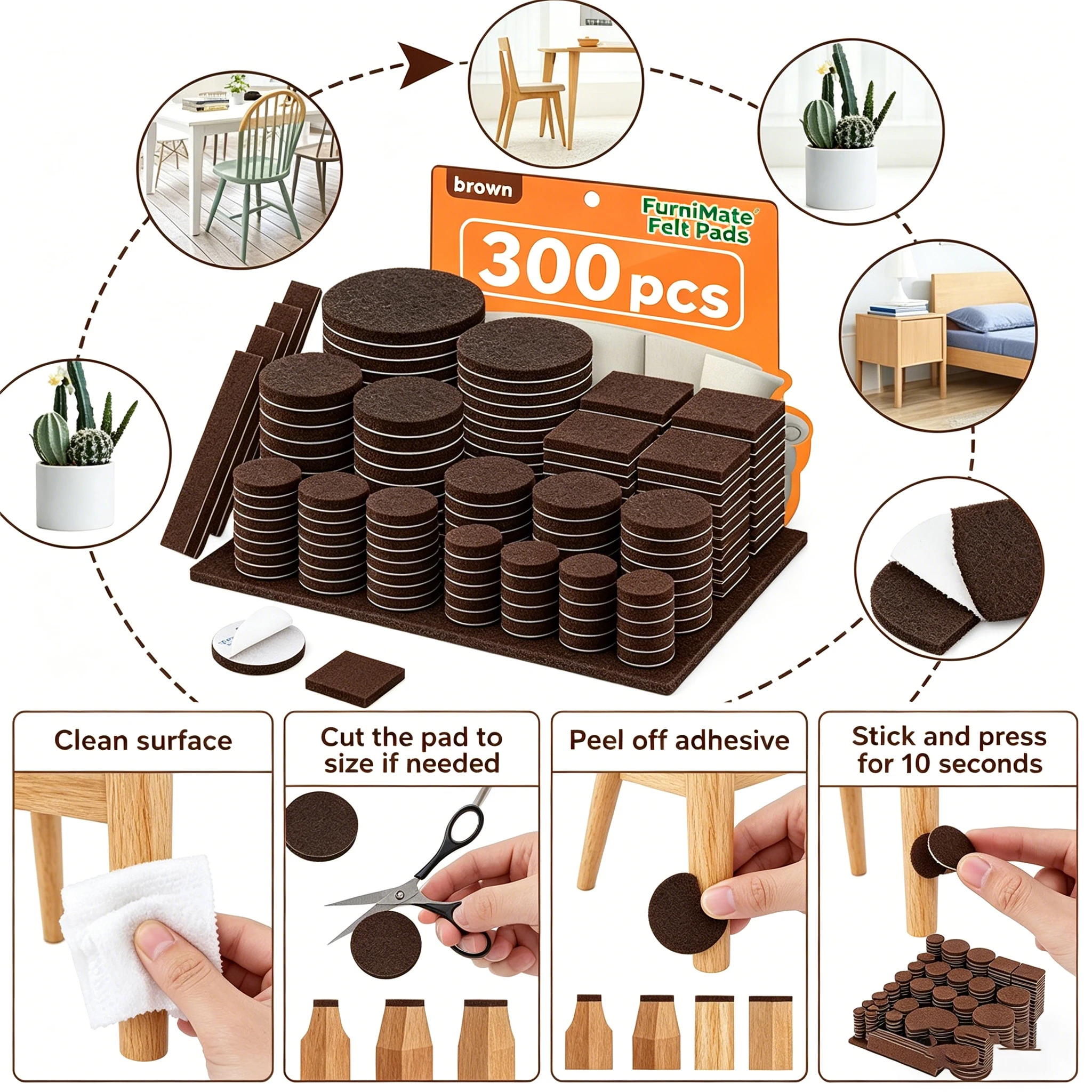 300PCS Felt Chair Leg Pads Self Adhesive Felt Furniture Pads for Protecting Hardwood Floors Silent and Scratch Resistant Pad
