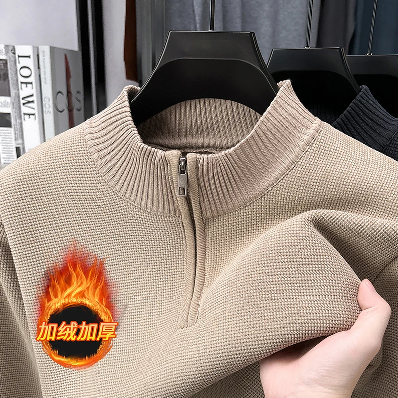 Suéter masculino com veludo grosso para o calor, novo moletom com capuz com gola com zíper de meia altura de inverno, top moderno para jovens