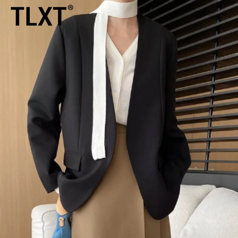 

TLXT свободный офисный женский пиджак без воротника, силуэт для женщин, весна-осень 202, новое однотонное элегантное повседневное пальто