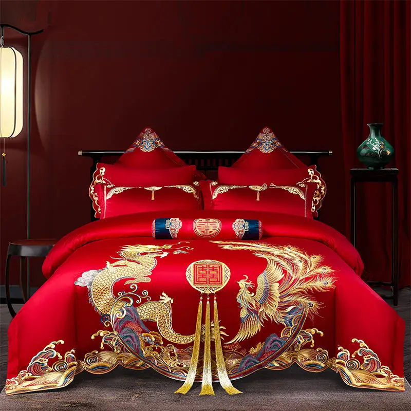 

Duvet Cover Set with Golden Tassel, Bed Sheet, Pillowcases, Loong Phoenix Embroidery, Luxury Chinese Wedding, Red Bedding Cotton