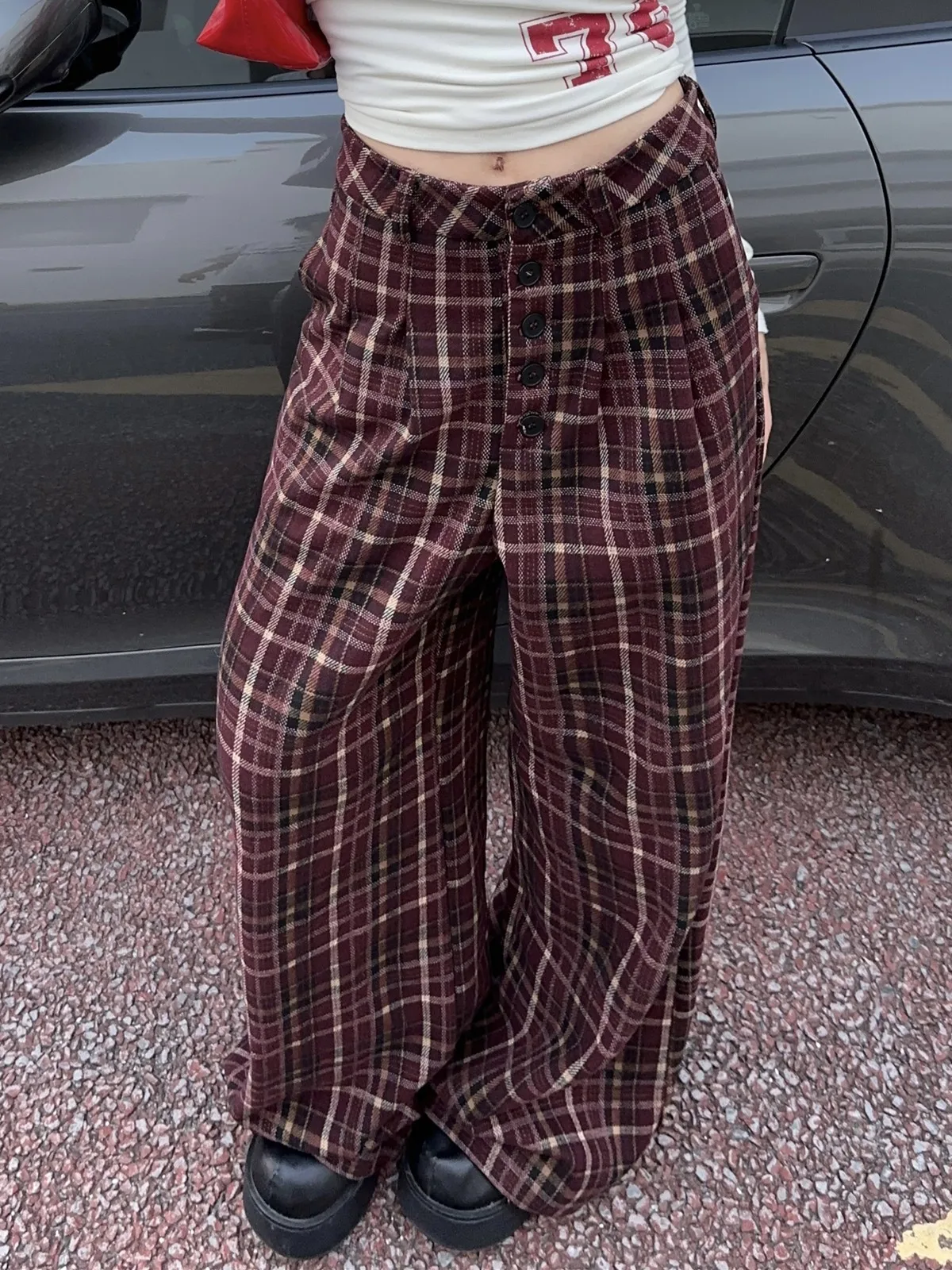 

ZHISILAO High Waist Plaid Wide Leg Pants Women Vintage Casual Lattice Loose Floor Length Trousers Autumn 2024
