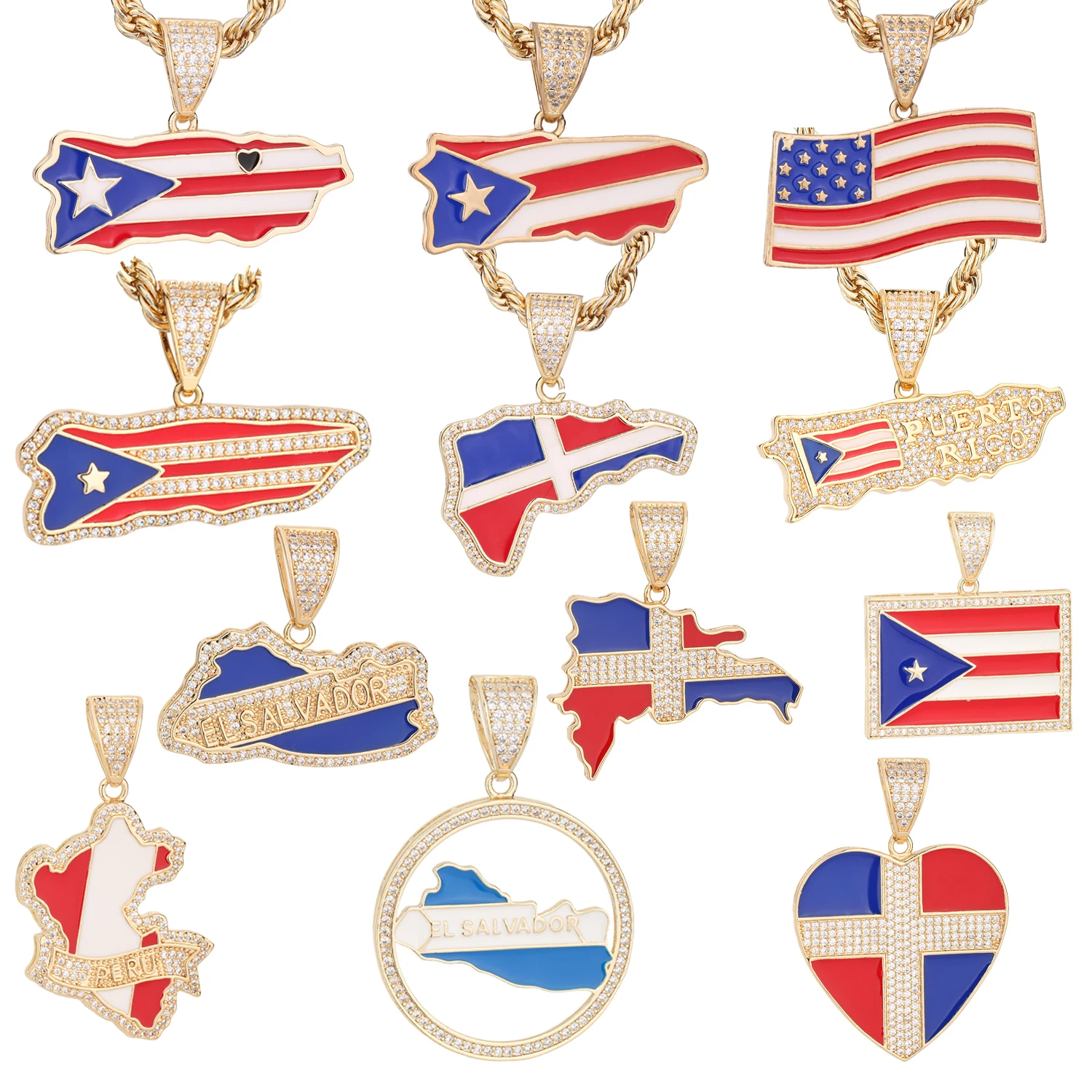 14K Gold Plated Simple Exquisite Personalized Dominican Republic, United States, Puerto Rico and More Flag Pendant Free Shipping