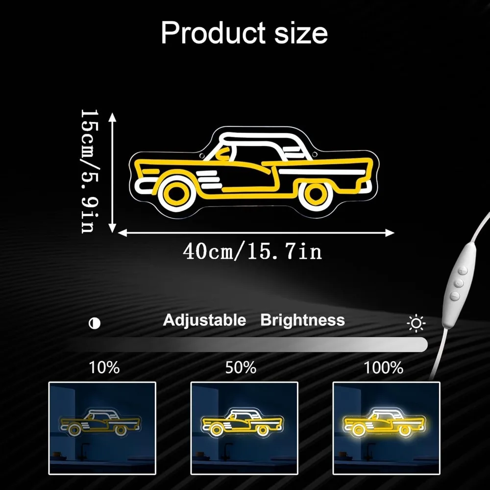 Vintage Sports Car Neon Sign, Cool Dimmable LED Retro Yellow Sports Car Shape Neon Signs for Garage Bar Game Room Man Den Gift