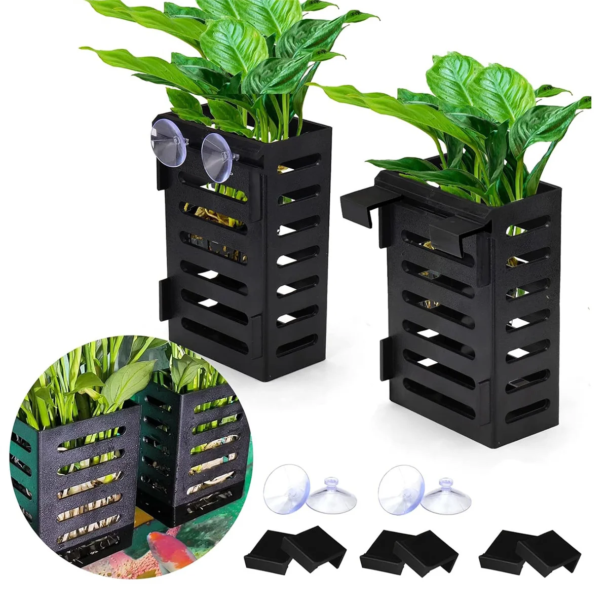 2 Pack Aquarium Plant Holder with Hooks and Suction Cups, Hanging Aquatic Planter Cups for Aquarium Decorations Plants