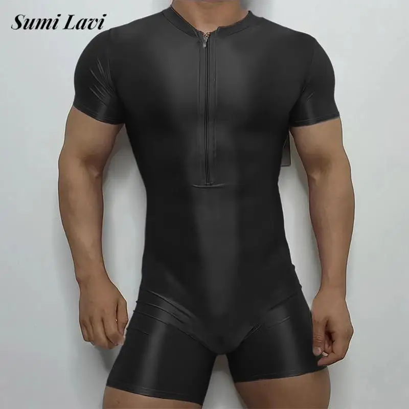 2026 Summer Casual Mens Slim Stretch Jumpsuits Fashion Deep V Neck Zip-up Bodysuits Men Bodycon Vintage Solid Color Playsuits
