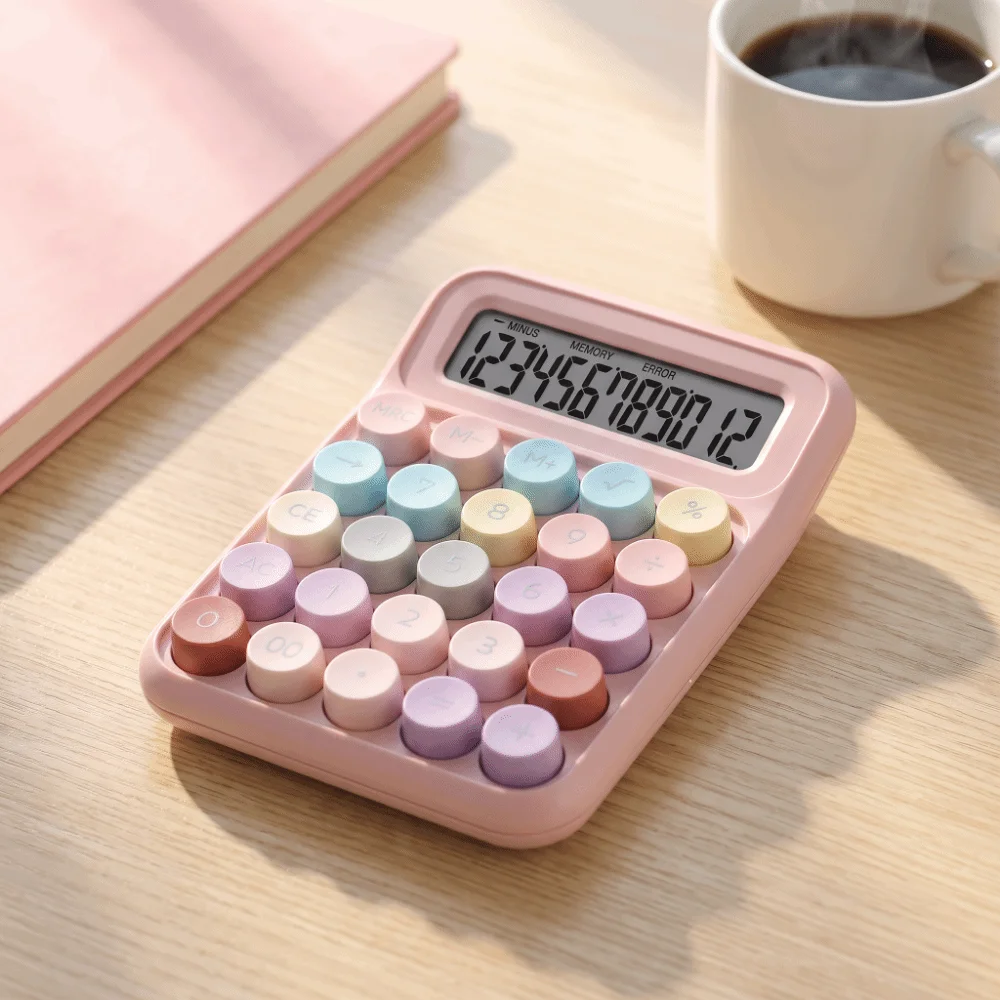12 Digit Mechanical Key Calculator Large LCD Display Round Button Silent Calculator ABS Material Pastel Color